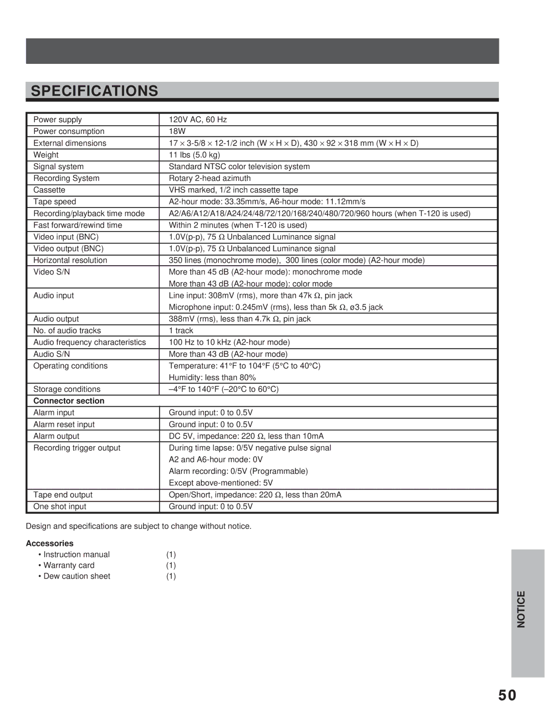 Toshiba KV-7960A instruction manual Specifications, Connector section, Accessories, Warranty card Dew caution sheet 