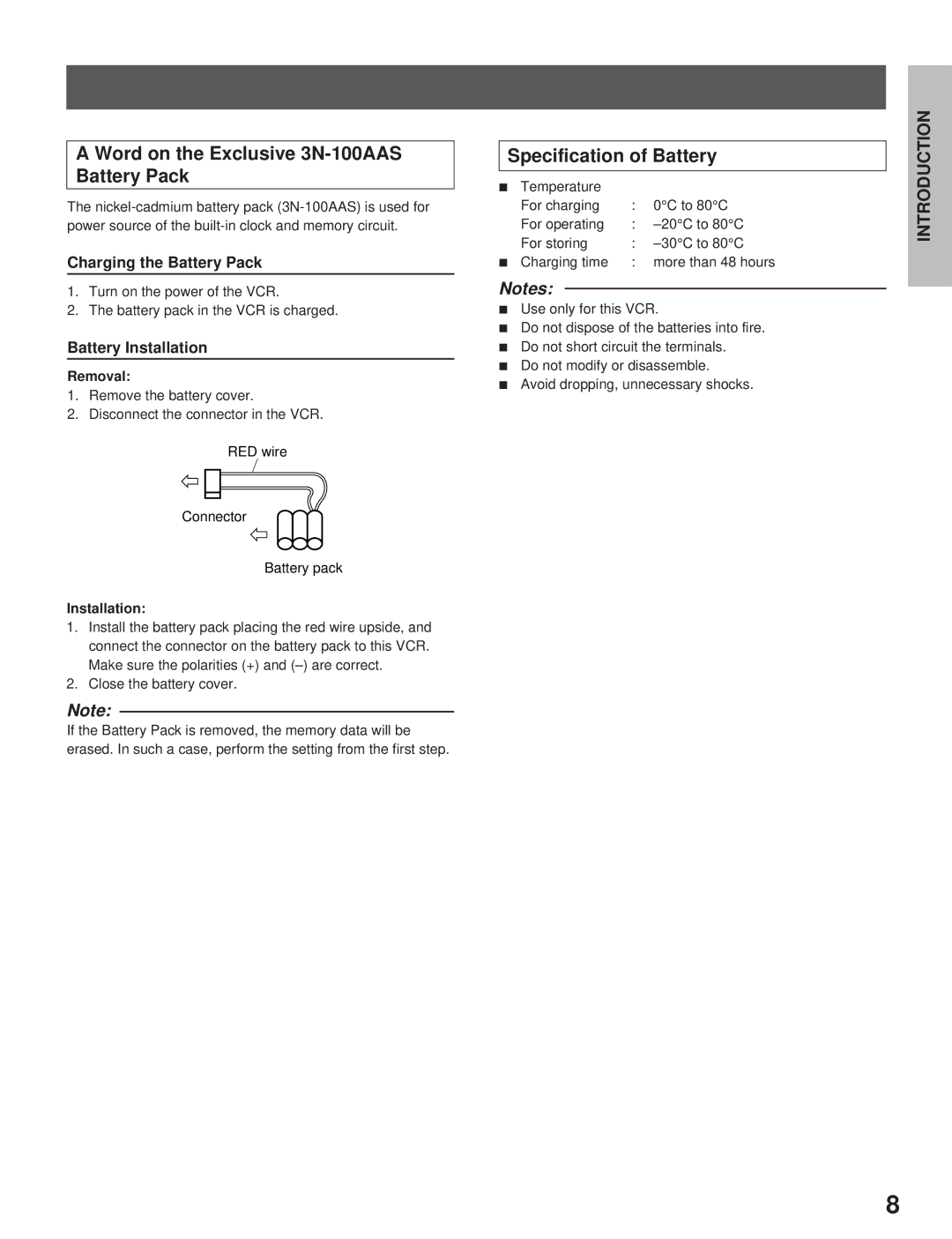 Toshiba KV-7960A Word on the Exclusive 3N-100AAS Battery Pack, Specification of Battery, Removal, Installation 