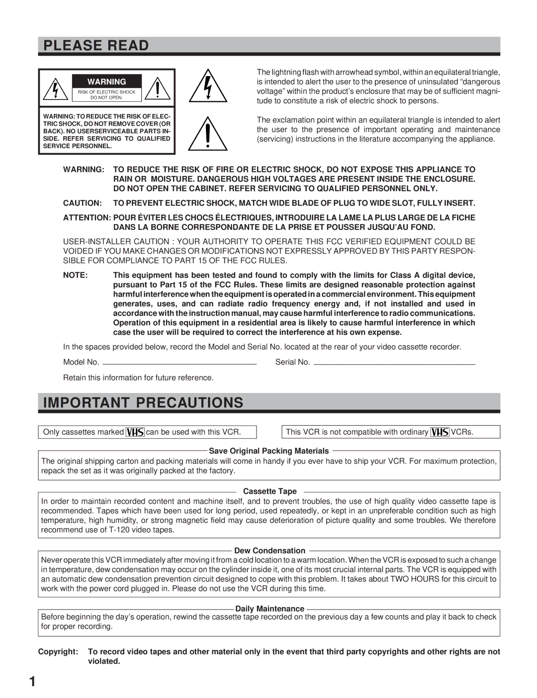 Toshiba kV-9168A instruction manual Please Read, Important Precautions 