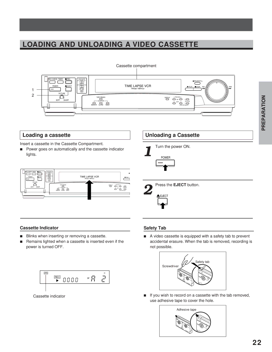 Toshiba kV-9168A instruction manual Loading and Unloading a Video Cassette, Loading a cassette, Unloading a Cassette 