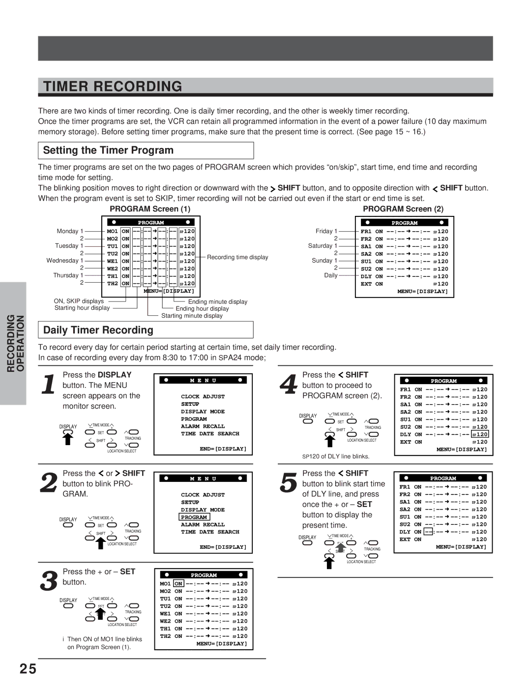 Toshiba kV-9168A instruction manual Setting the Timer Program, Daily Timer Recording, Program Screen 