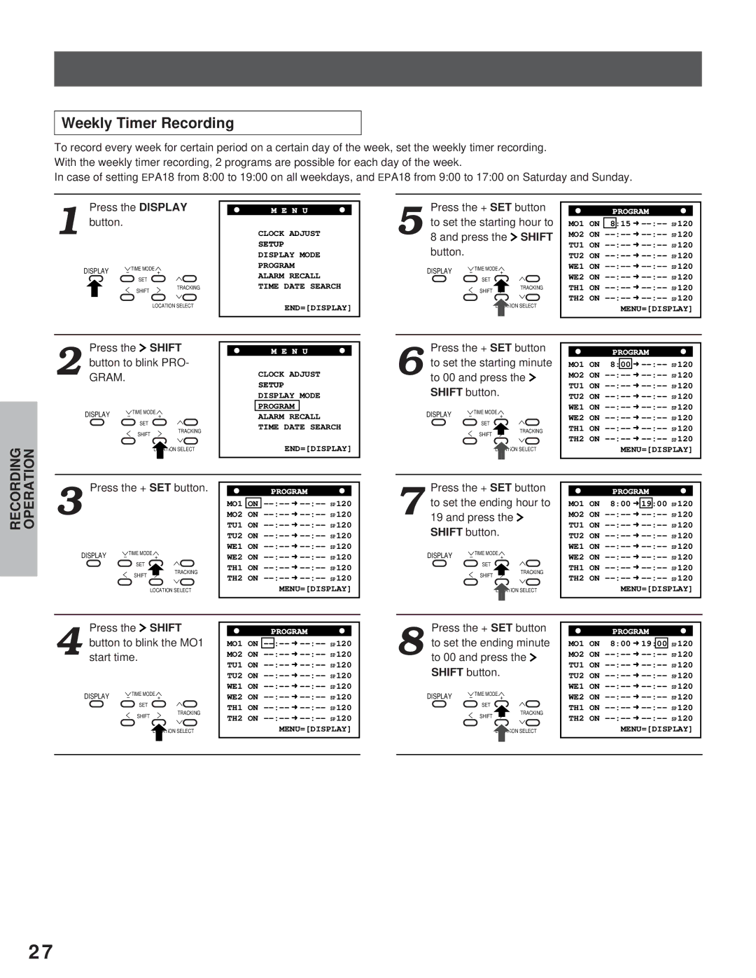 Toshiba kV-9168A instruction manual Weekly Timer Recording, Press the Shift ButtonGRAM.to blink PRO 