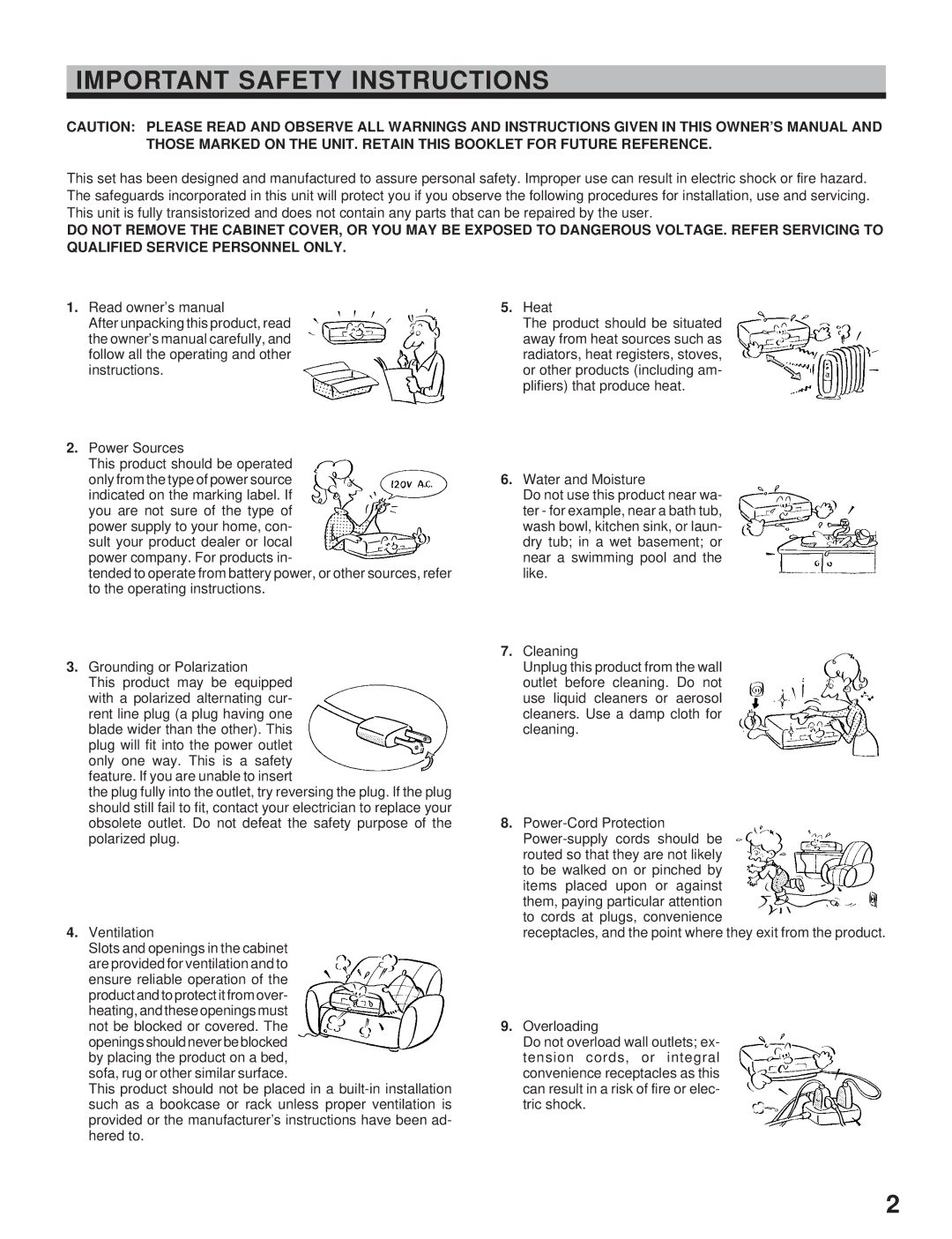 Toshiba kV-9168A instruction manual Important Safety Instructions, Power Sources, Radiators, heat registers, stoves 