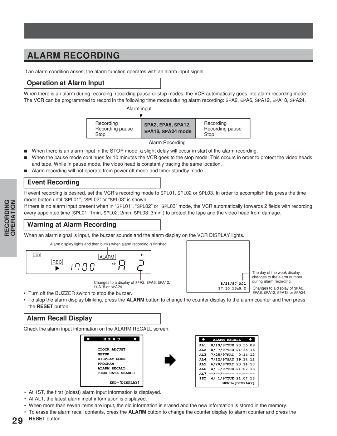 Toshiba kV-9168A instruction manual Alarm Recording, Operation at Alarm Input, Event Recording, Alarm Recall Display 