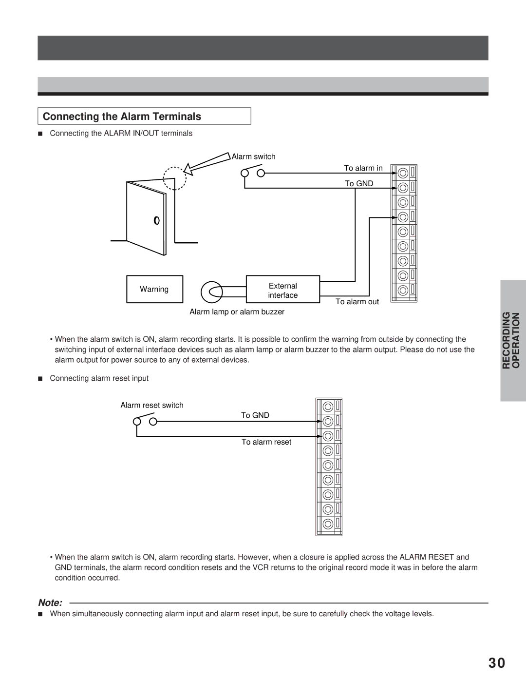 Toshiba kV-9168A instruction manual Connecting the Alarm Terminals 