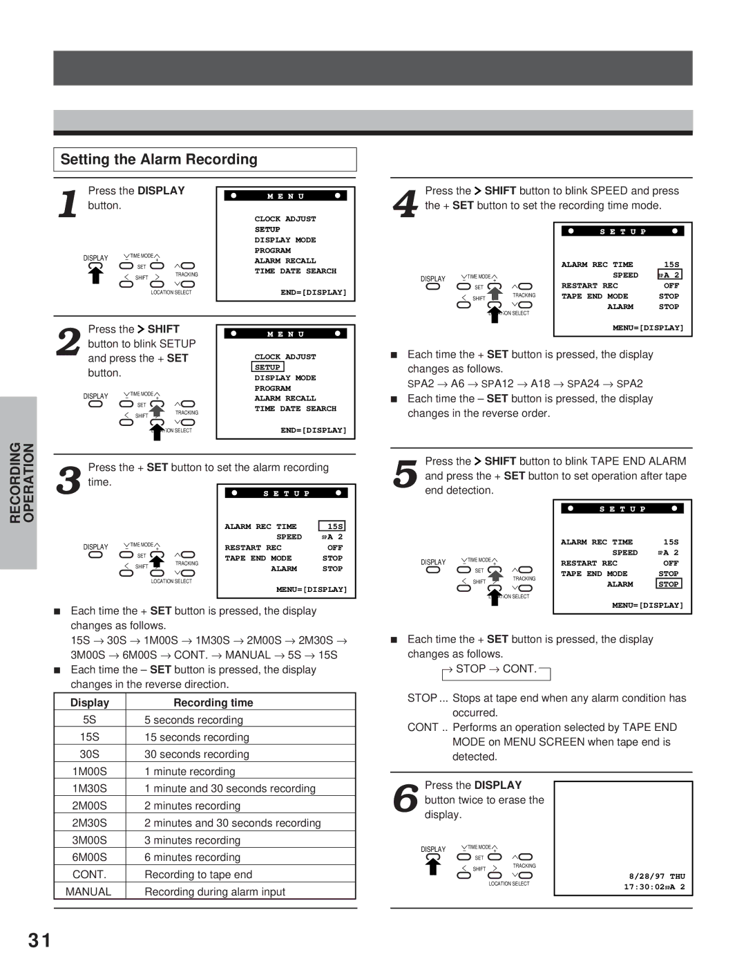 Toshiba kV-9168A instruction manual Setting the Alarm Recording, Display Recording time, Cont, Manual 