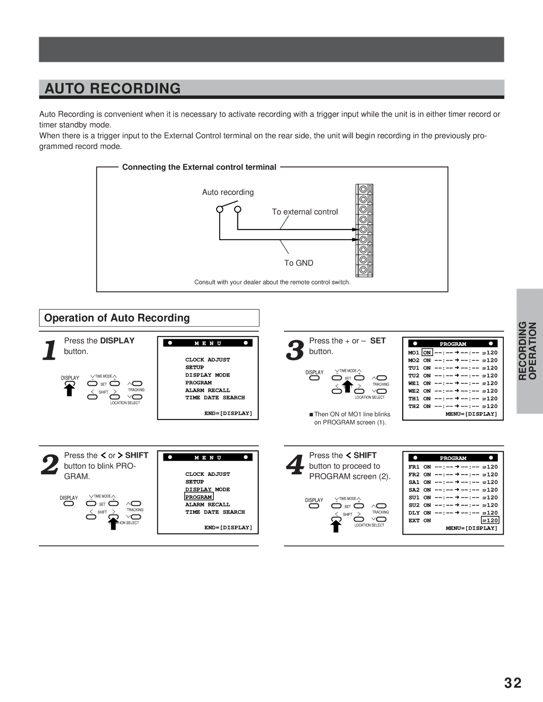 Toshiba kV-9168A Operation of Auto Recording, Connecting the External control terminal, Auto recording 