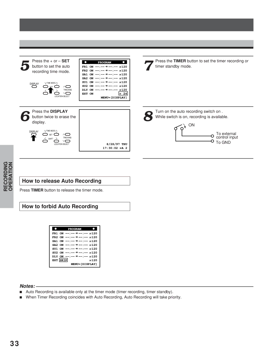 Toshiba kV-9168A instruction manual How to release Auto Recording, How to forbid Auto Recording, Press the + or SET 