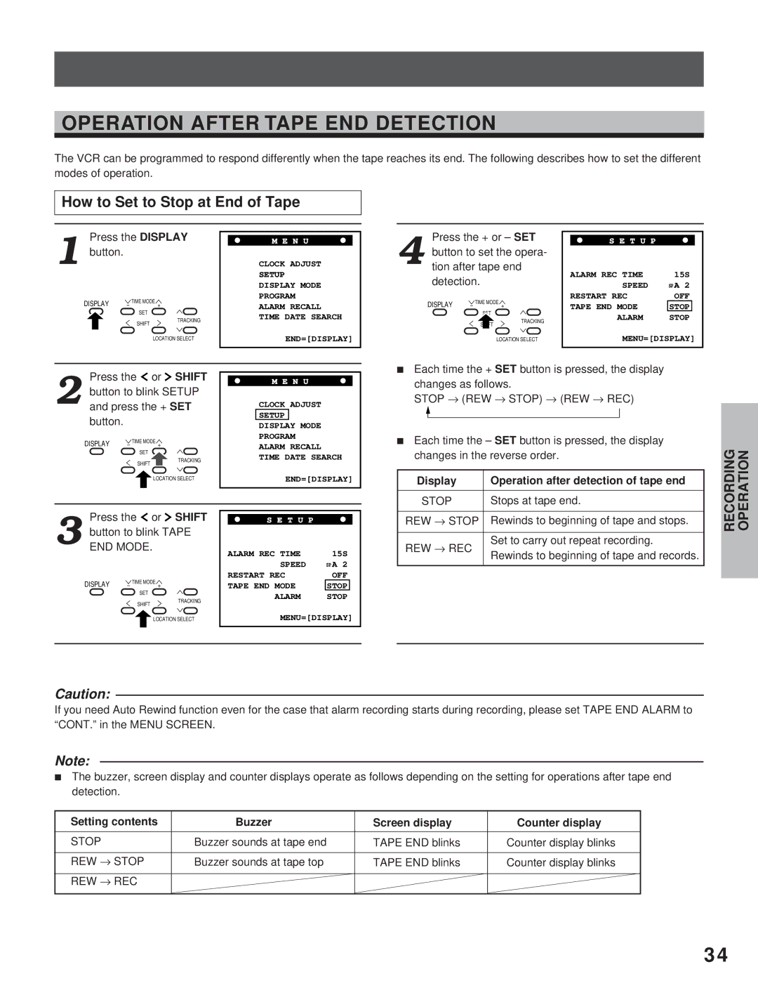 Toshiba kV-9168A Operation After Tape END Detection, How to Set to Stop at End of Tape, Stops at tape end 