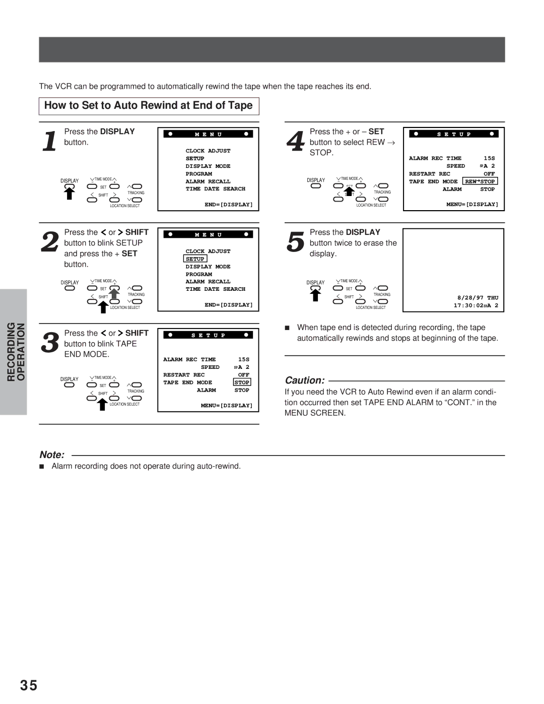 Toshiba kV-9168A instruction manual How to Set to Auto Rewind at End of Tape, Menu Screen 