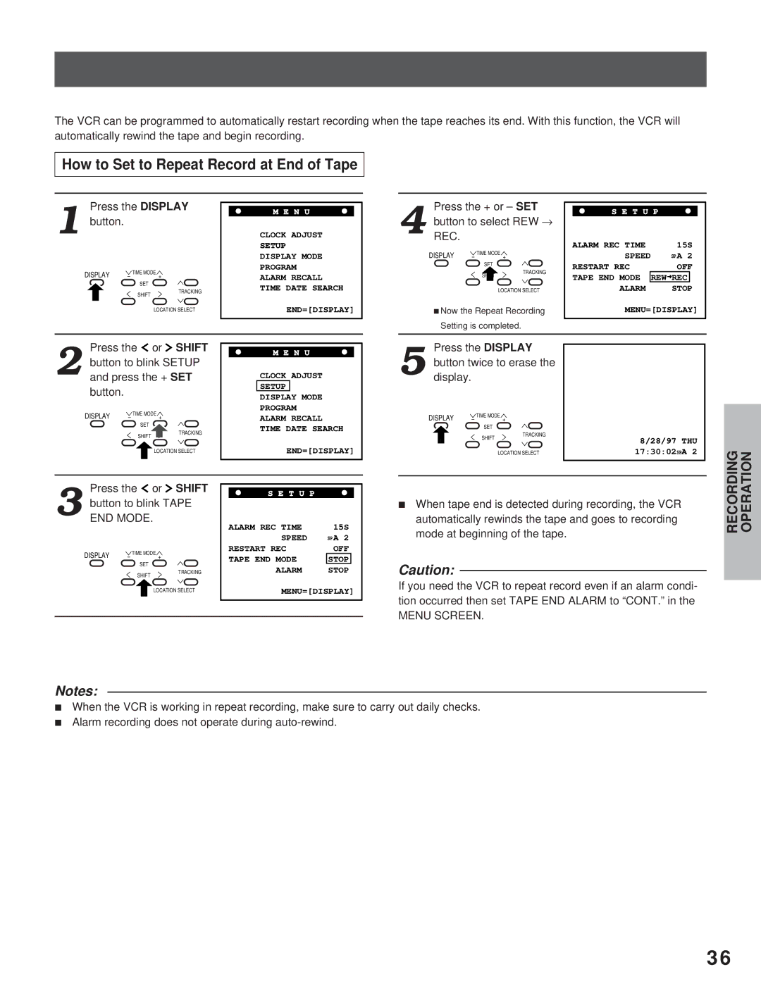 Toshiba kV-9168A instruction manual How to Set to Repeat Record at End of Tape, ButtonREC. to select REW → 