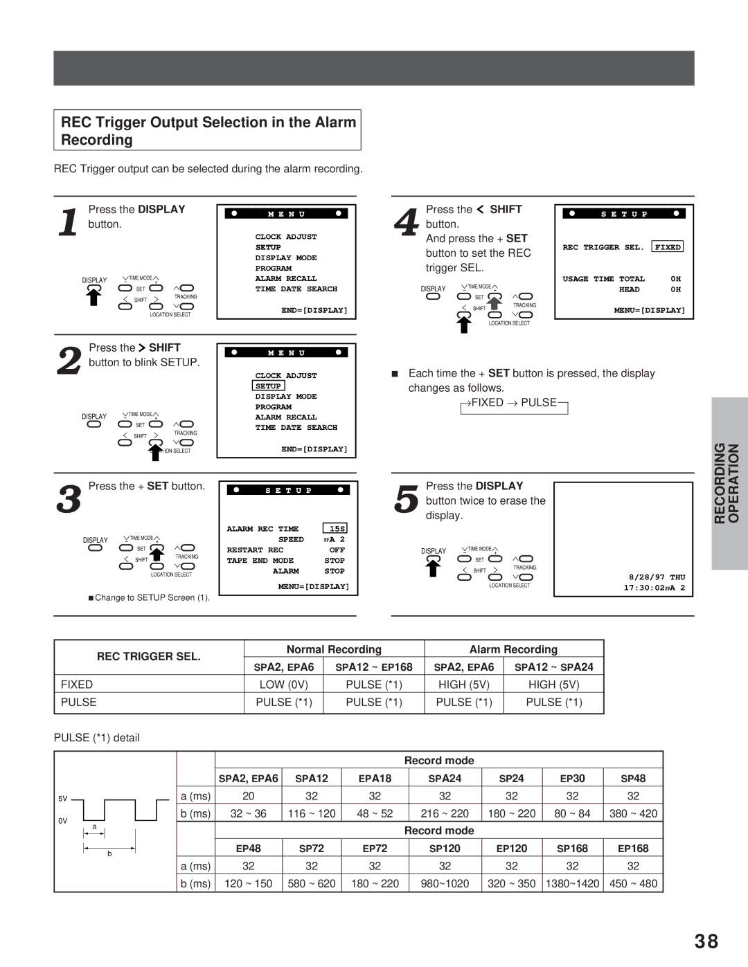 Toshiba kV-9168A instruction manual REC Trigger Output Selection in the Alarm Recording 