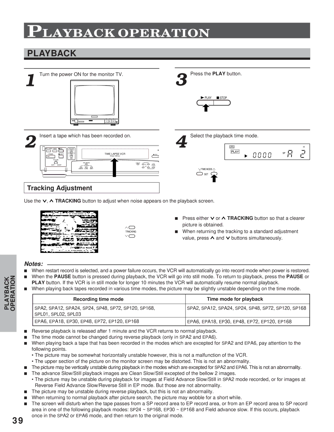 Toshiba kV-9168A instruction manual Playback, Tracking Adjustment, Recording time mode Time mode for playback 