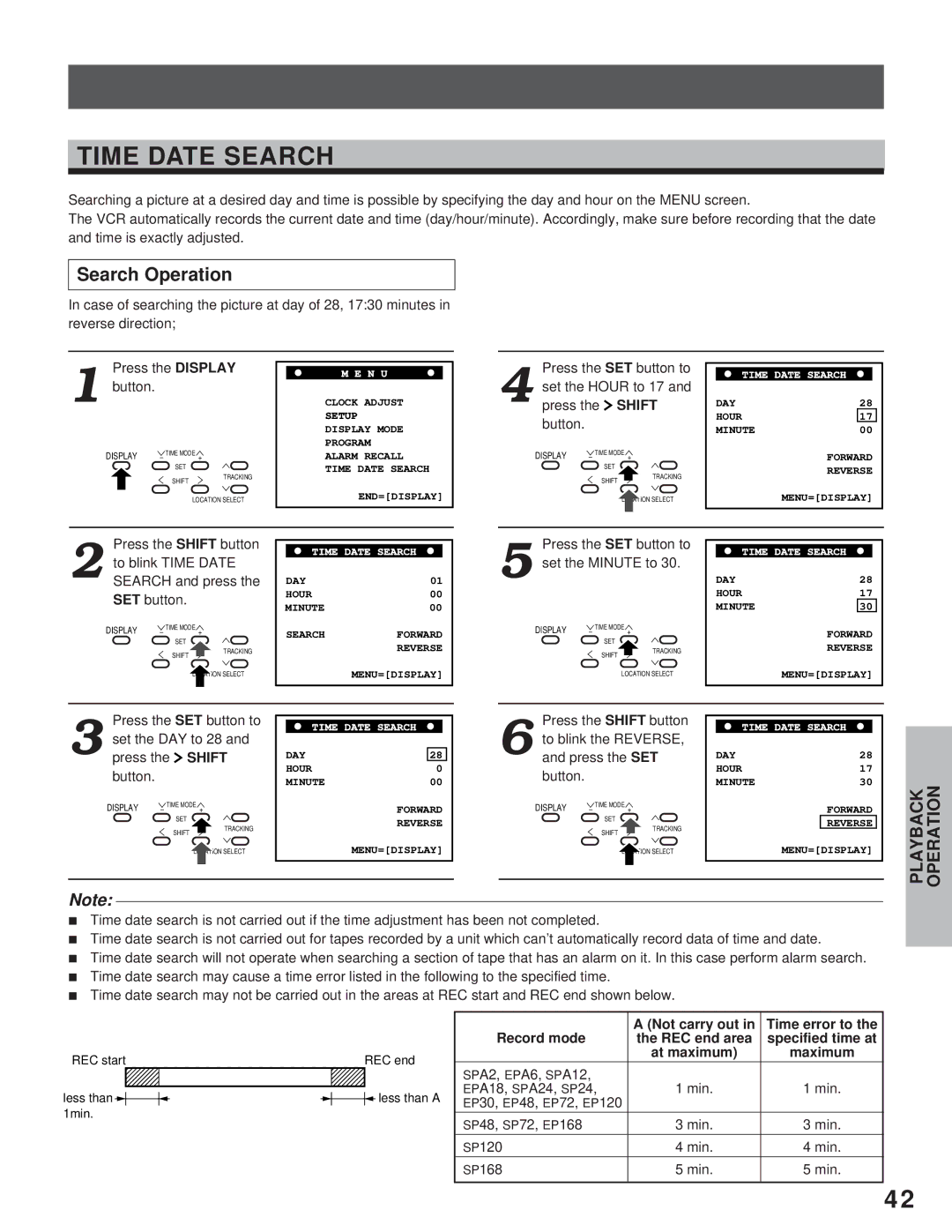 Toshiba kV-9168A instruction manual Time Date Search, Search Operation 