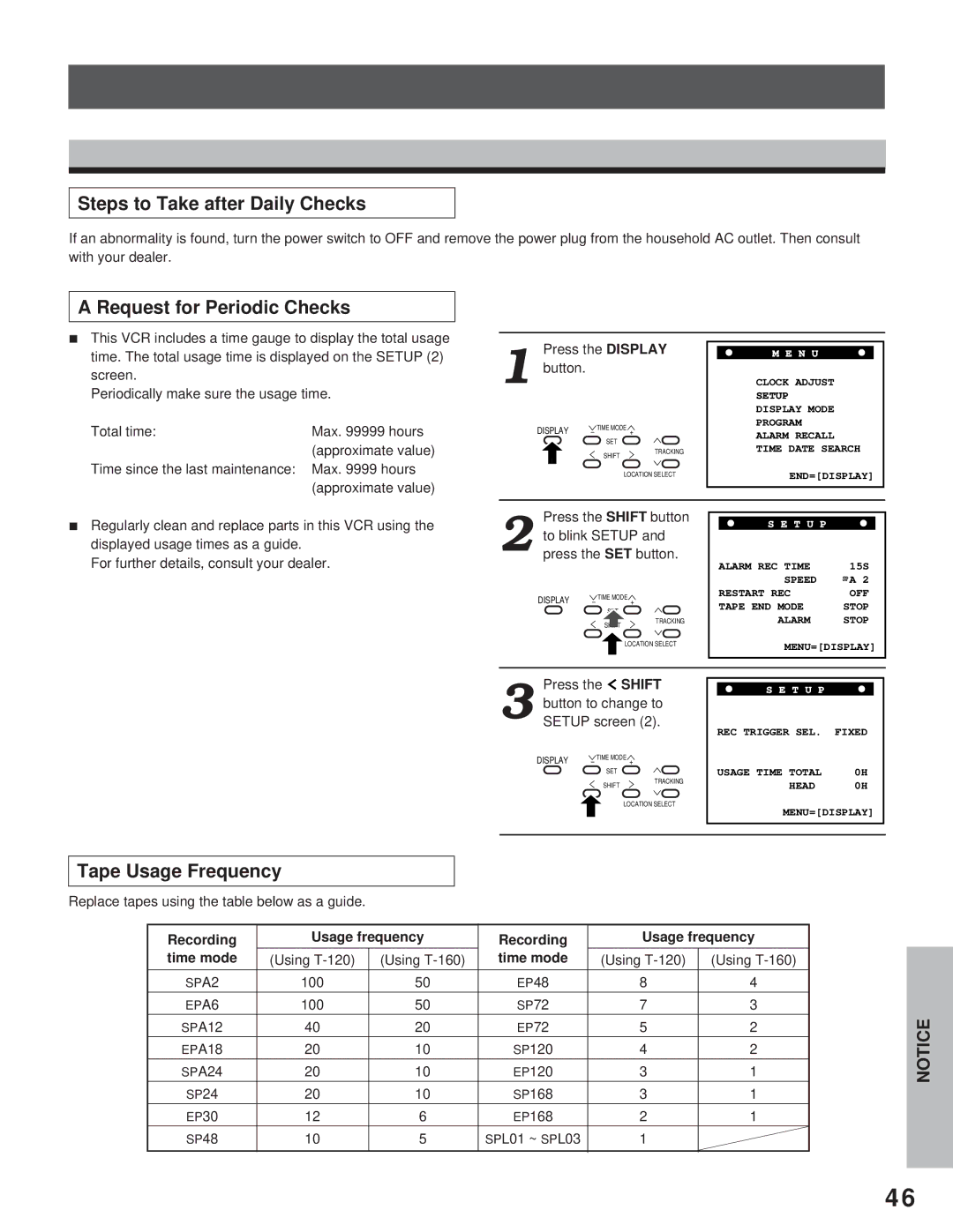 Toshiba kV-9168A instruction manual Steps to Take after Daily Checks, Request for Periodic Checks, Tape Usage Frequency 