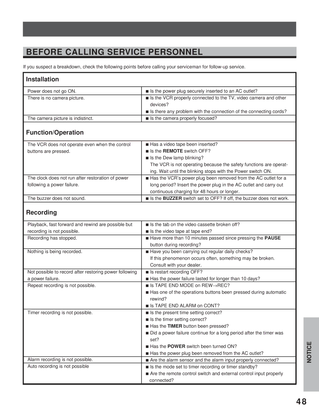 Toshiba kV-9168A instruction manual Before Calling Service Personnel, Installation, Function/Operation, Recording 