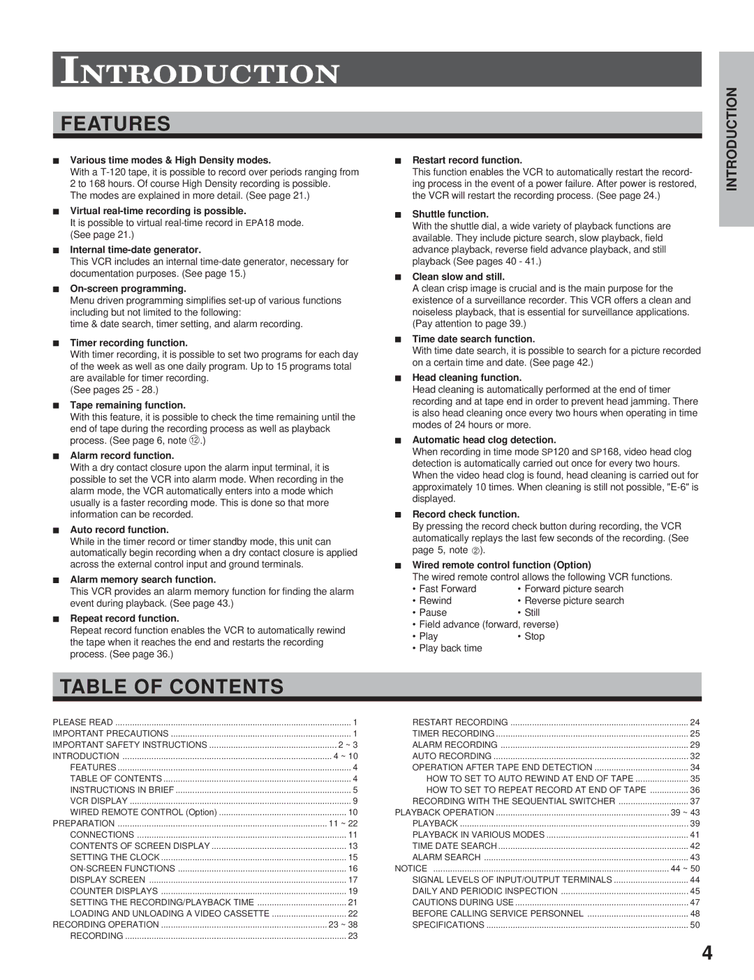 Toshiba kV-9168A instruction manual Features, Table of Contents 