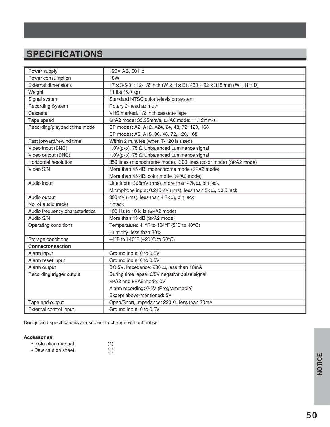 Toshiba kV-9168A instruction manual Specifications, Connector section, Accessories, Dew caution sheet 