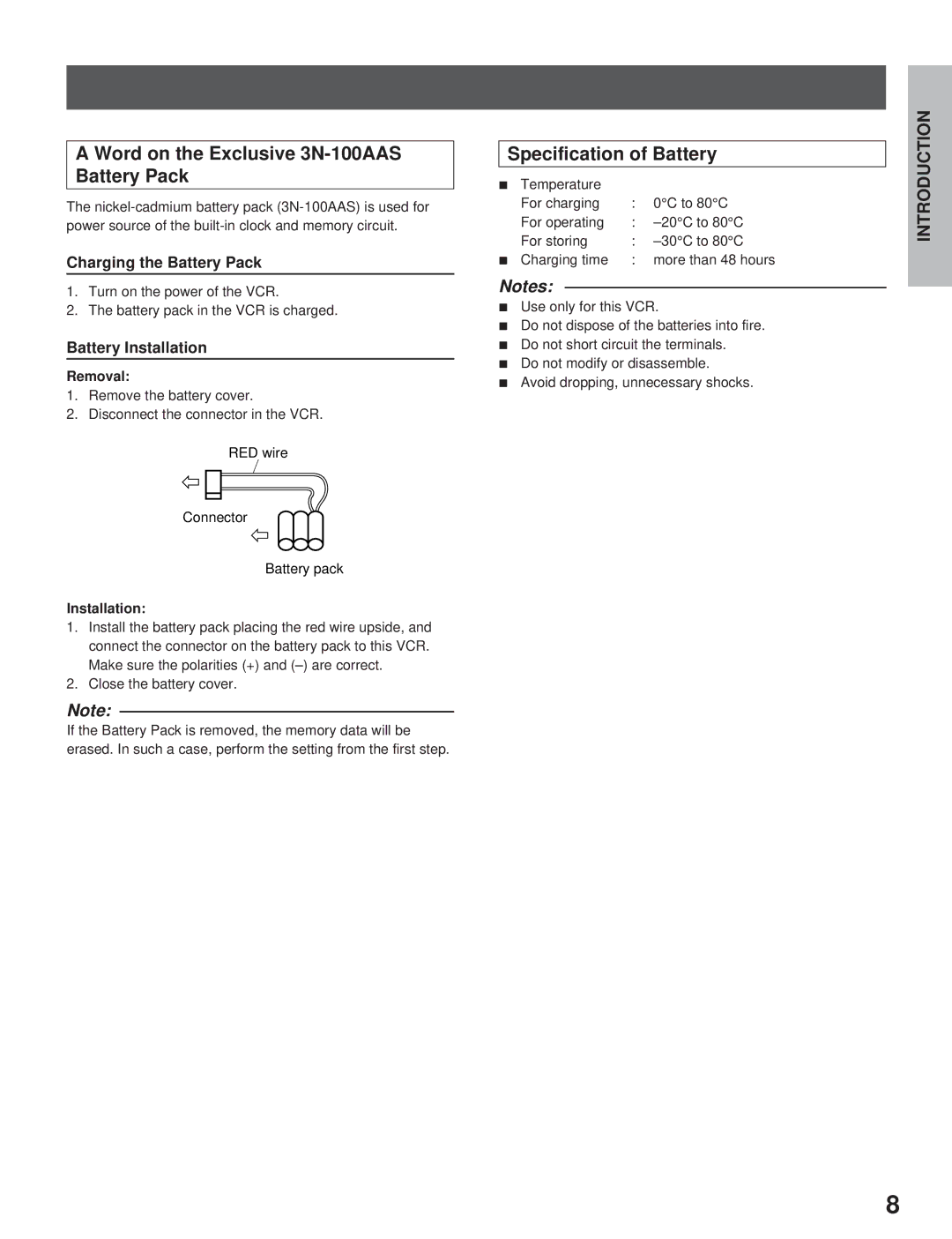 Toshiba kV-9168A Word on the Exclusive 3N-100AAS Battery Pack, Specification of Battery, Removal, Installation 