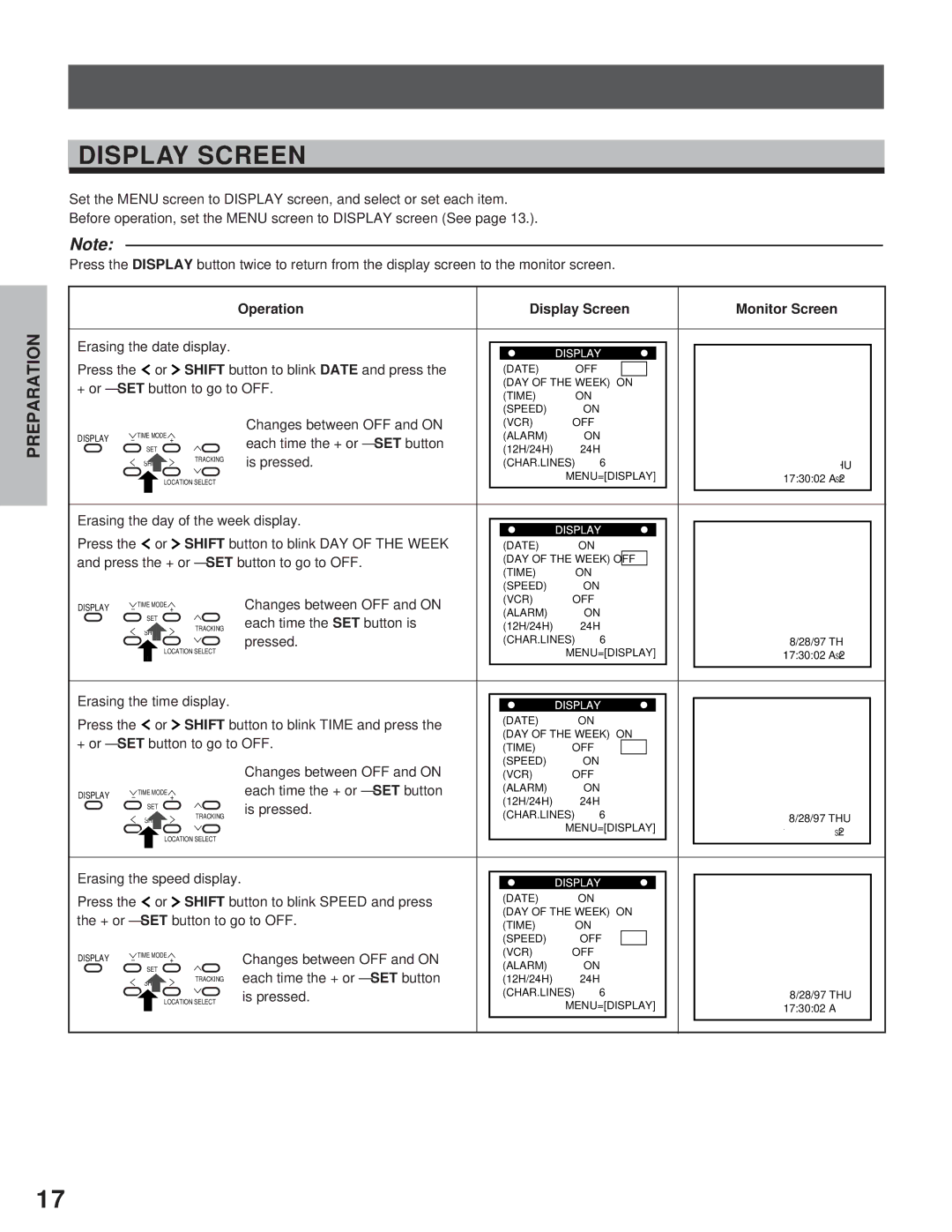 Toshiba kV-9960A instruction manual Display Screen 