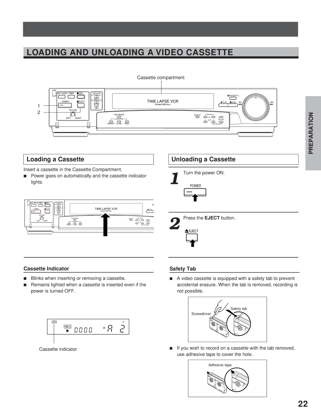 Toshiba kV-9960A instruction manual Loading and Unloading a Video Cassette, Loading a Cassette, Unloading a Cassette 