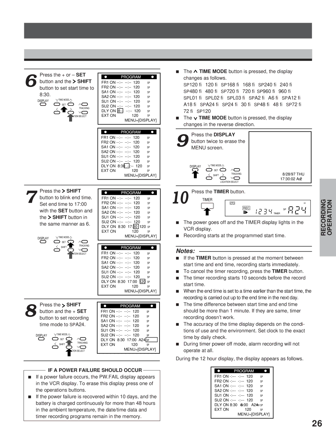 Toshiba kV-9960A Time Mode button is pressed, the display, Changes as follows SP120 → 120 → SP168 →, Start time 