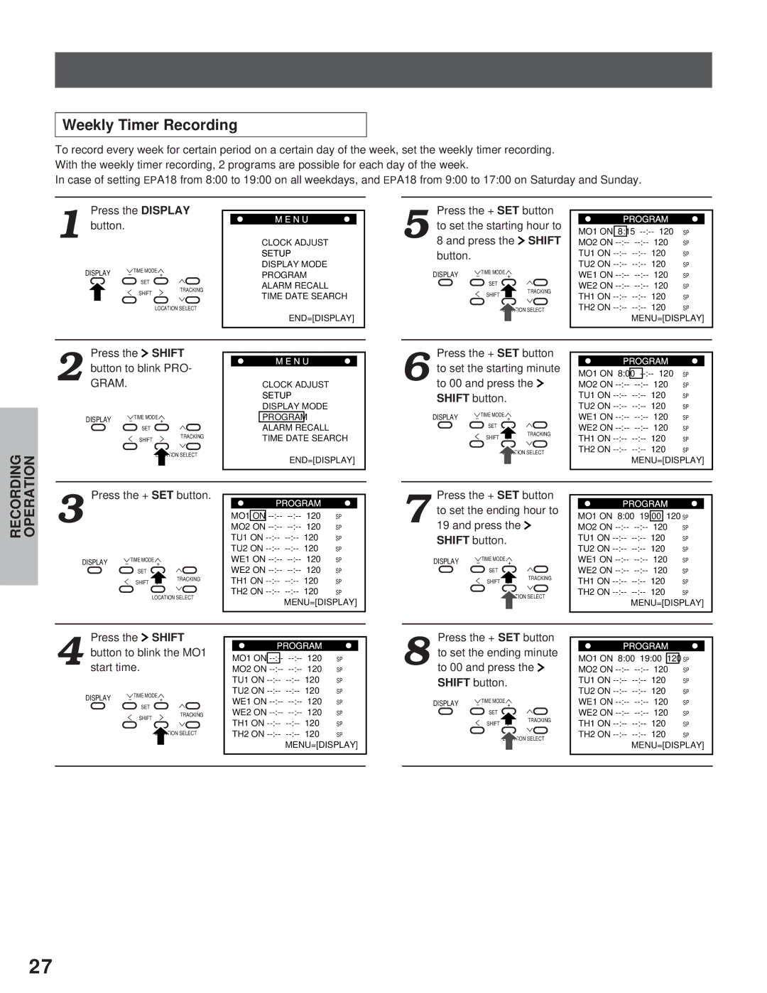 Toshiba kV-9960A instruction manual Weekly Timer Recording, Press the Shift ButtonGRAM.to blink PRO 