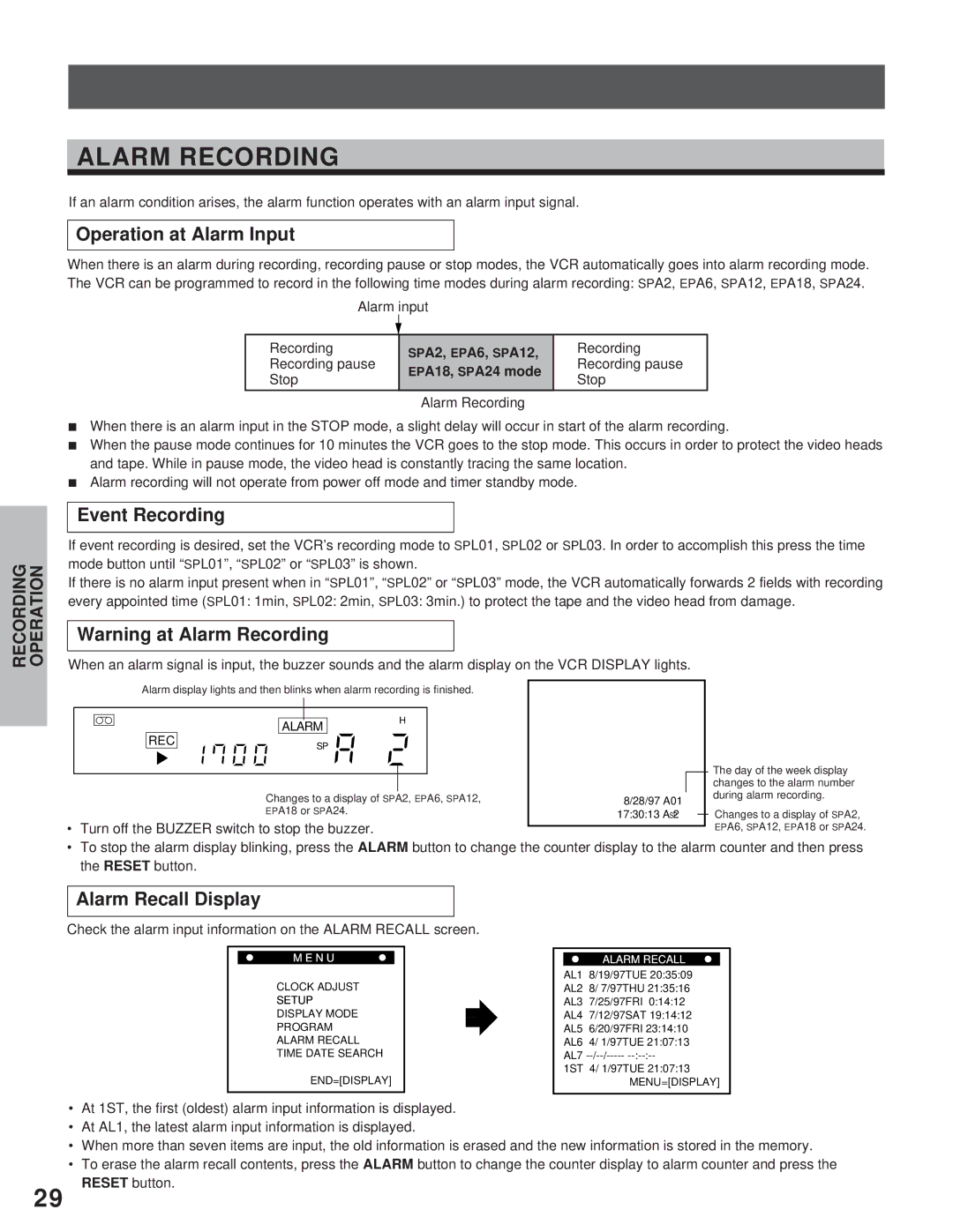 Toshiba kV-9960A instruction manual Alarm Recording, Operation at Alarm Input, Event Recording, Alarm Recall Display 