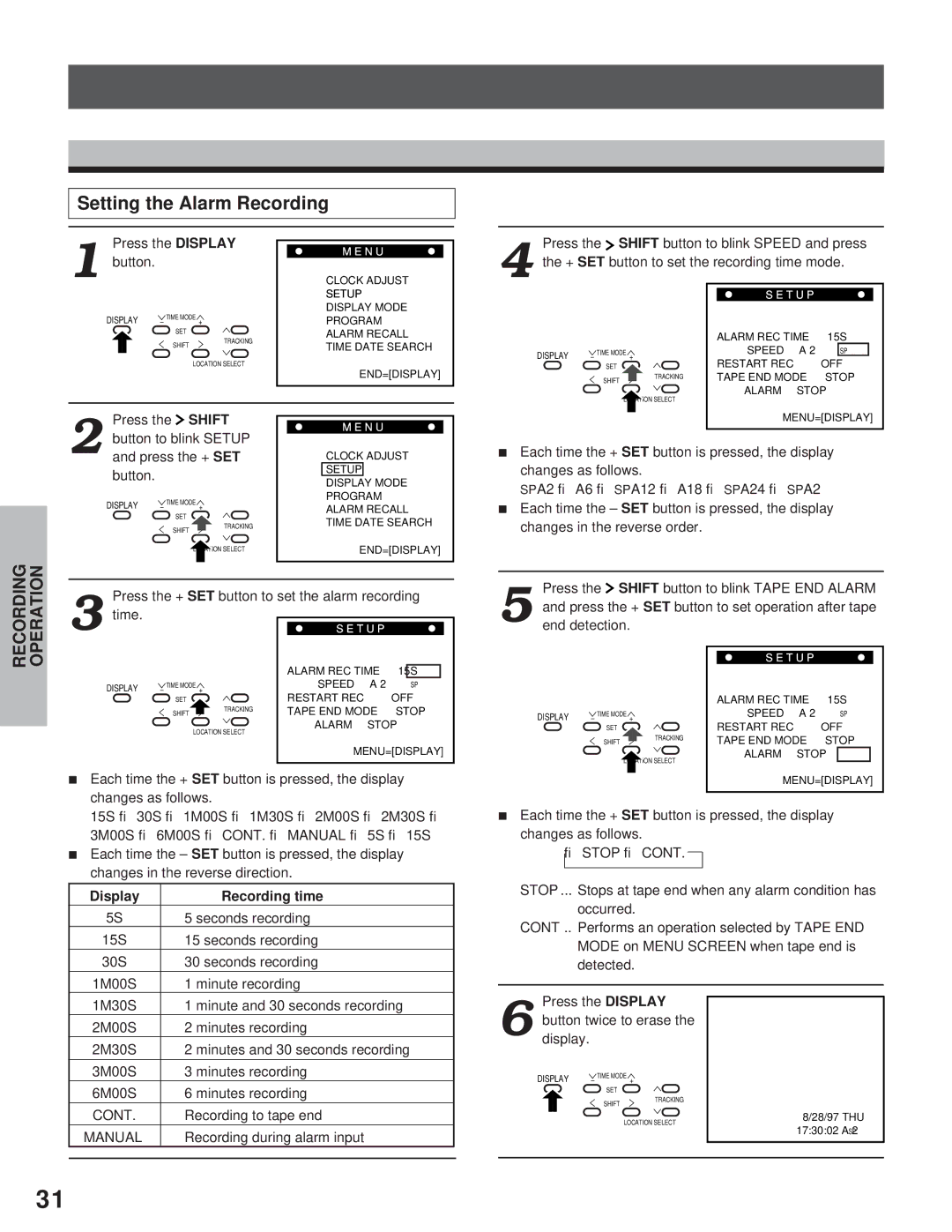 Toshiba kV-9960A instruction manual Setting the Alarm Recording, Display Recording time, Cont, Manual 