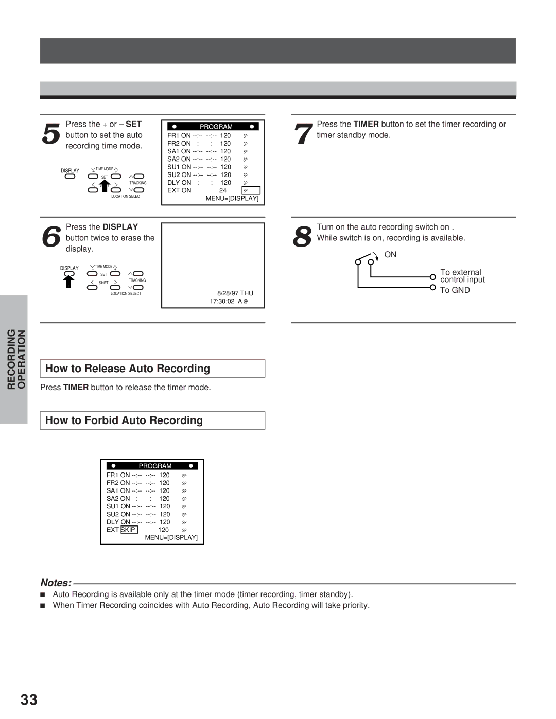 Toshiba kV-9960A instruction manual How to Release Auto Recording, How to Forbid Auto Recording, Press the + or SET 