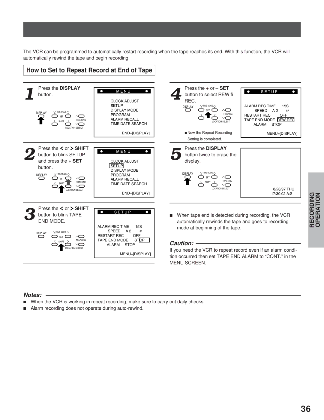 Toshiba kV-9960A instruction manual How to Set to Repeat Record at End of Tape, ButtonREC. to select REW → 