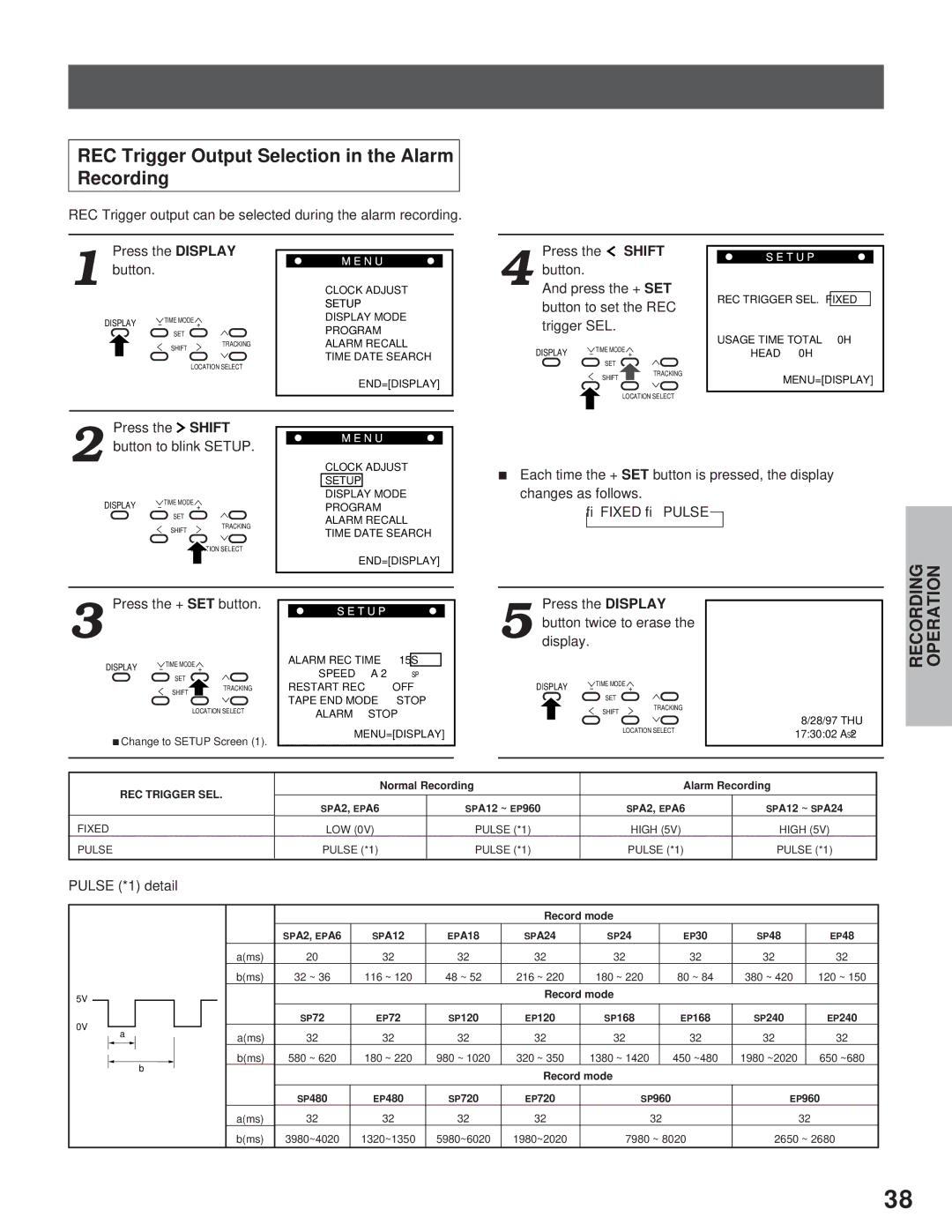 Toshiba kV-9960A REC Trigger Output Selection in the Alarm Recording, Press the Shift, Button to set the REC, Trigger SEL 