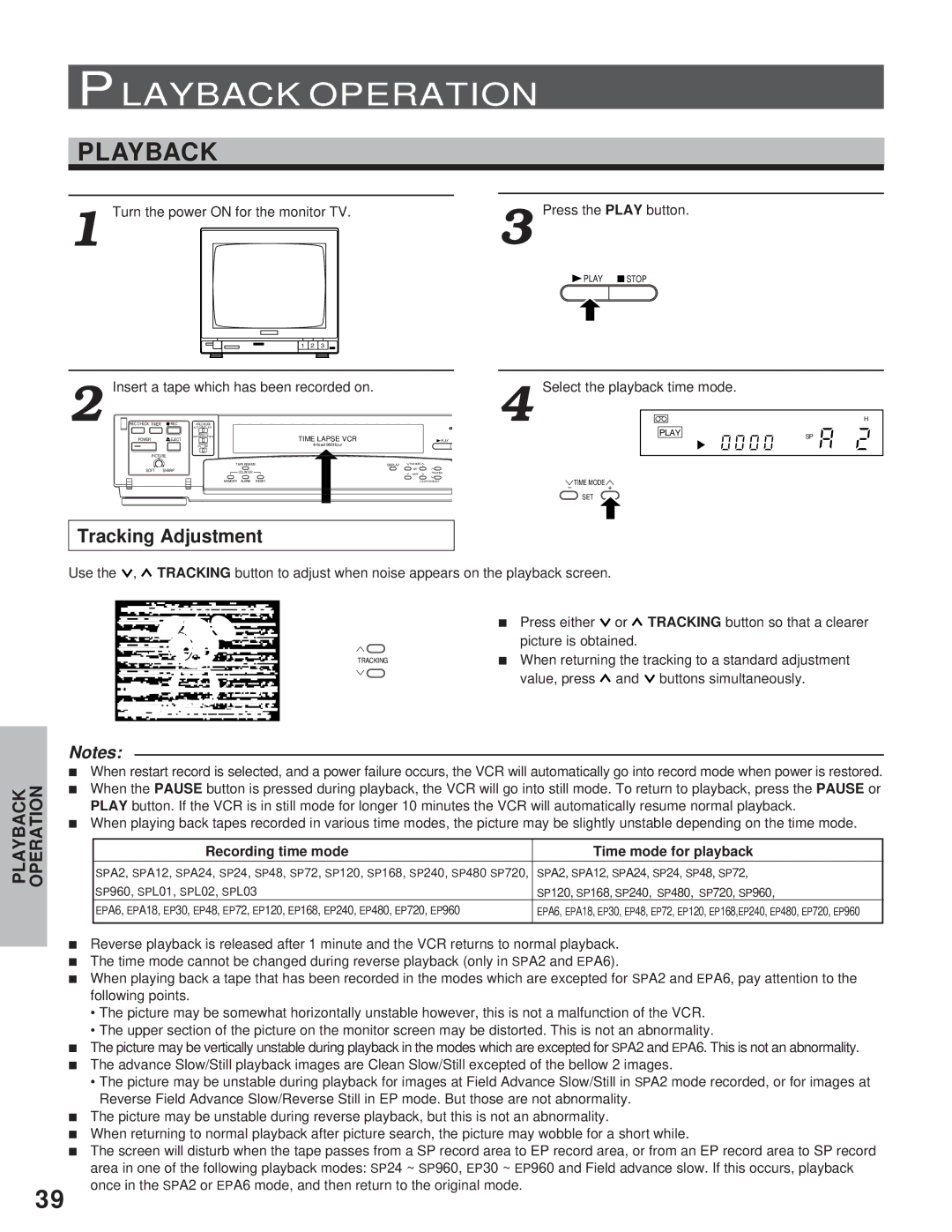 Toshiba kV-9960A instruction manual Playback, Tracking Adjustment, Recording time mode Time mode for playback 