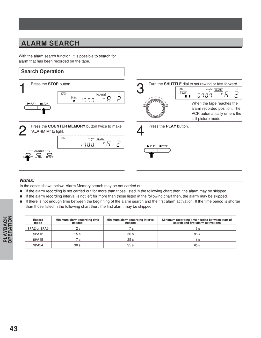 Toshiba kV-9960A instruction manual Alarm Search, Alarm M to light, Still picture mode Press the Play button 