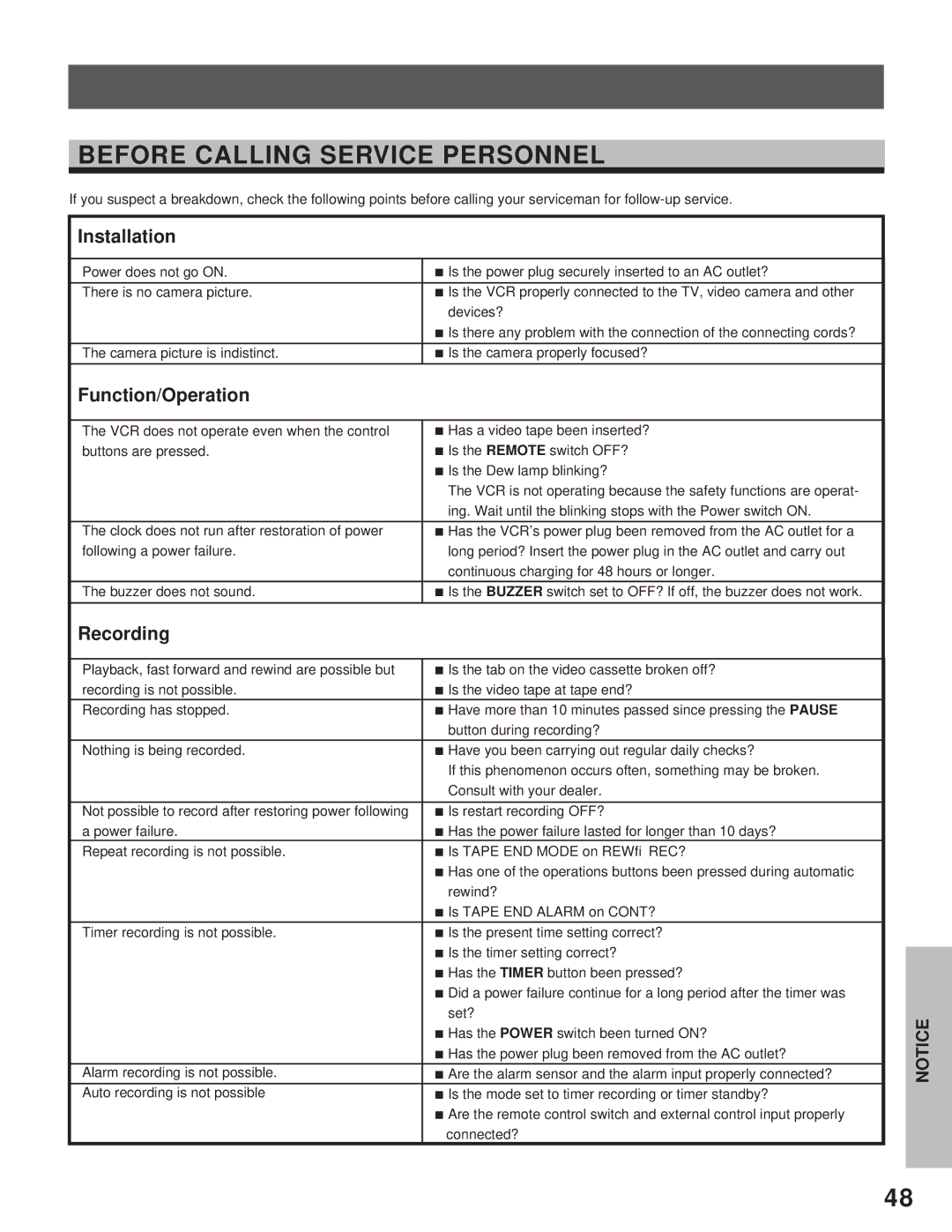 Toshiba kV-9960A instruction manual Before Calling Service Personnel, Installation, Function/Operation, Recording 