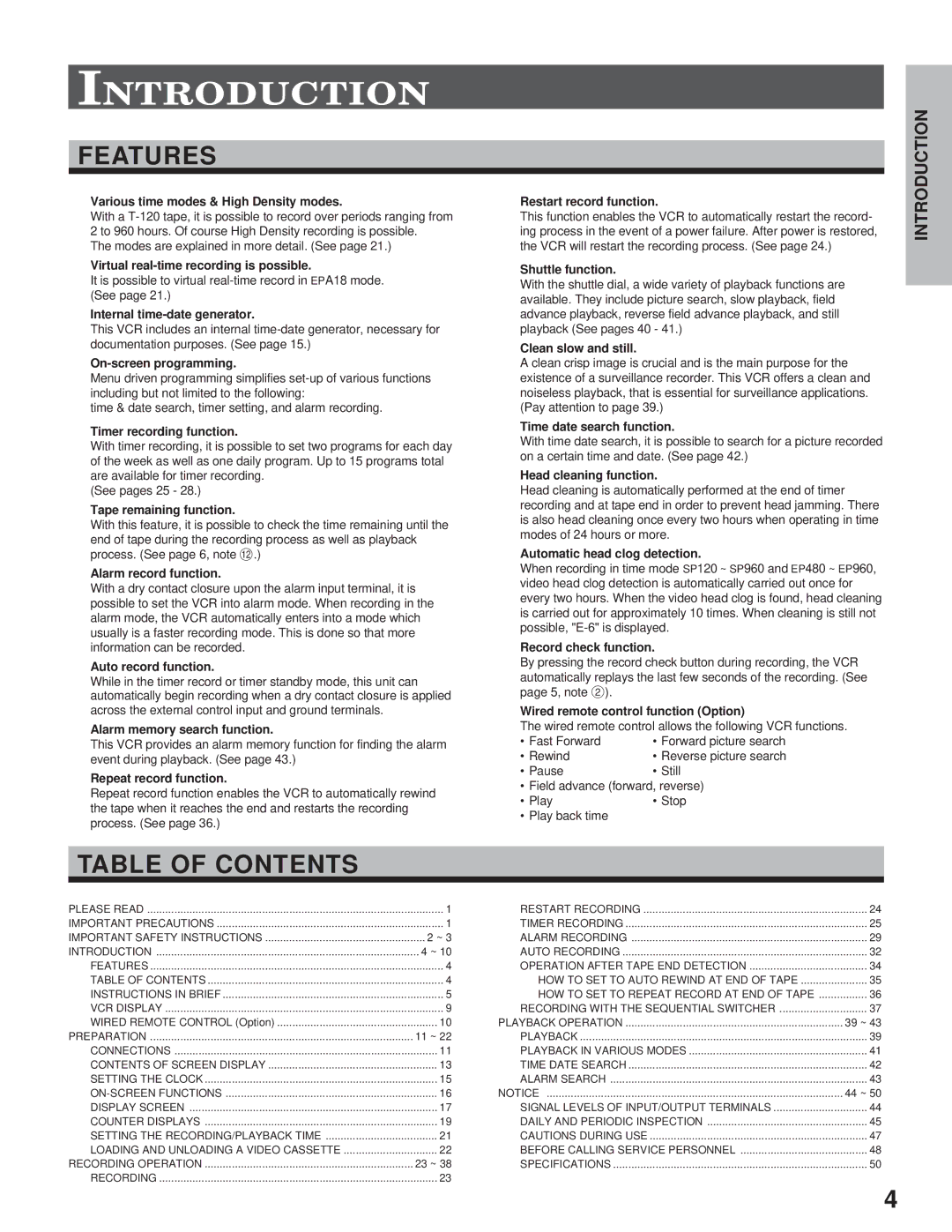 Toshiba kV-9960A instruction manual Features, Table of Contents 