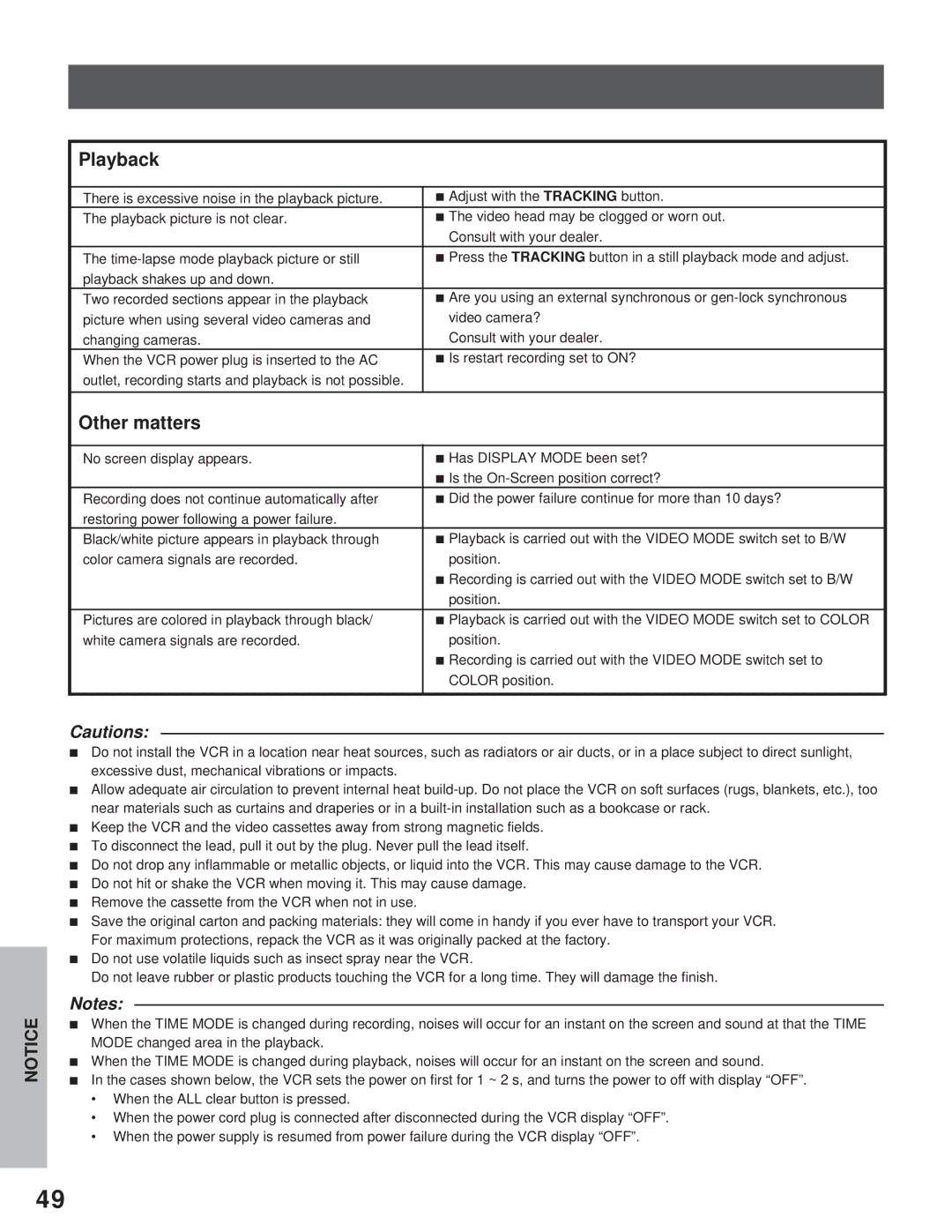 Toshiba kV-9960A instruction manual Playback, Other matters 