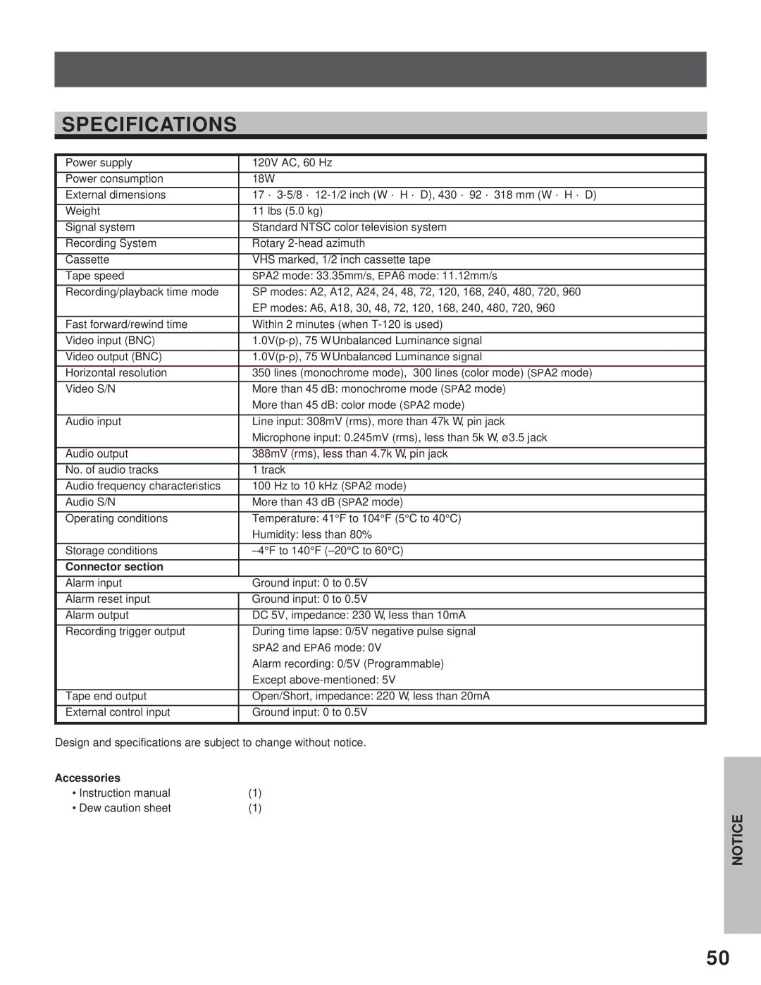 Toshiba kV-9960A instruction manual Specifications, Connector section, Accessories, Dew caution sheet 