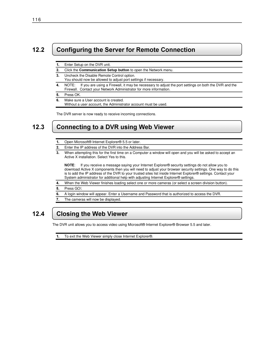 Toshiba KV-DVR Configuring the Server for Remote Connection, Connecting to a DVR using Web Viewer, Closing the Web Viewer 