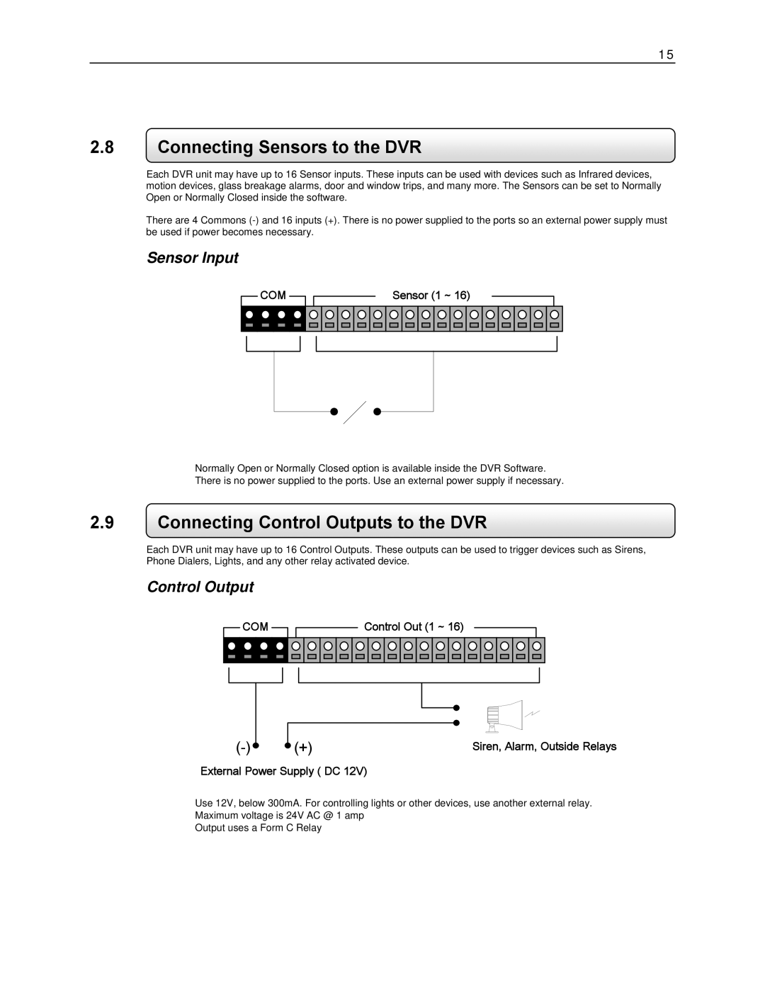 Toshiba KV-DVR manual Connecting Sensors to the DVR, Connecting Control Outputs to the DVR, Sensor Input 