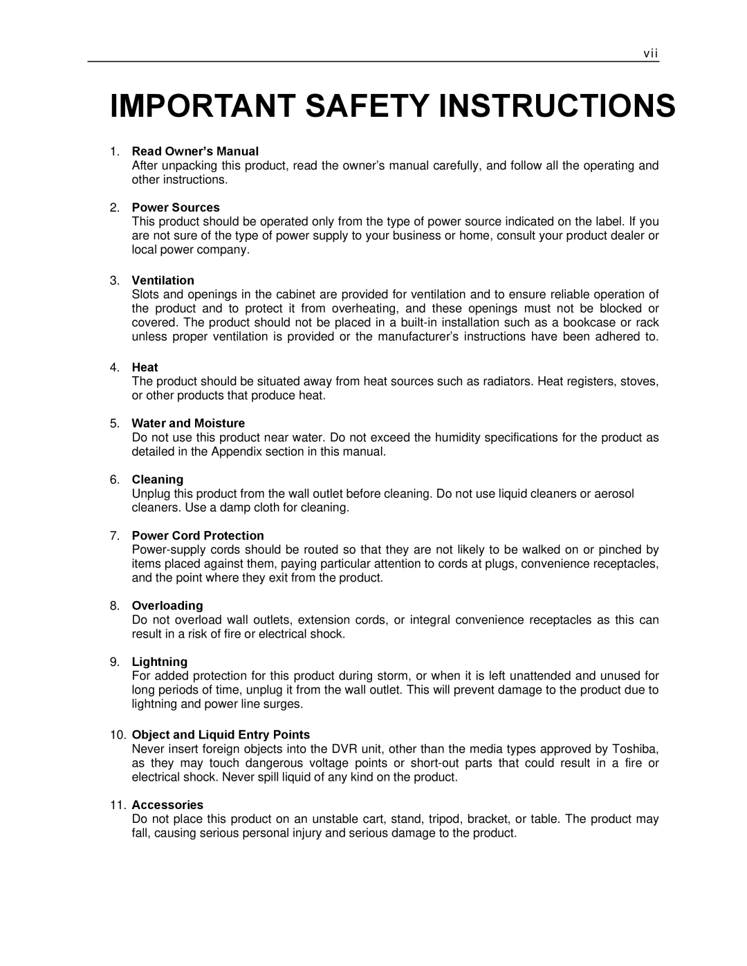 Toshiba KV-DVR manual Important Safety Instructions 