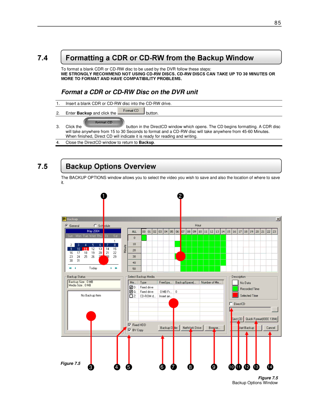 Toshiba KV-DVR manual Formatting a CDR or CD-RW from the Backup Window, Backup Options Overview 