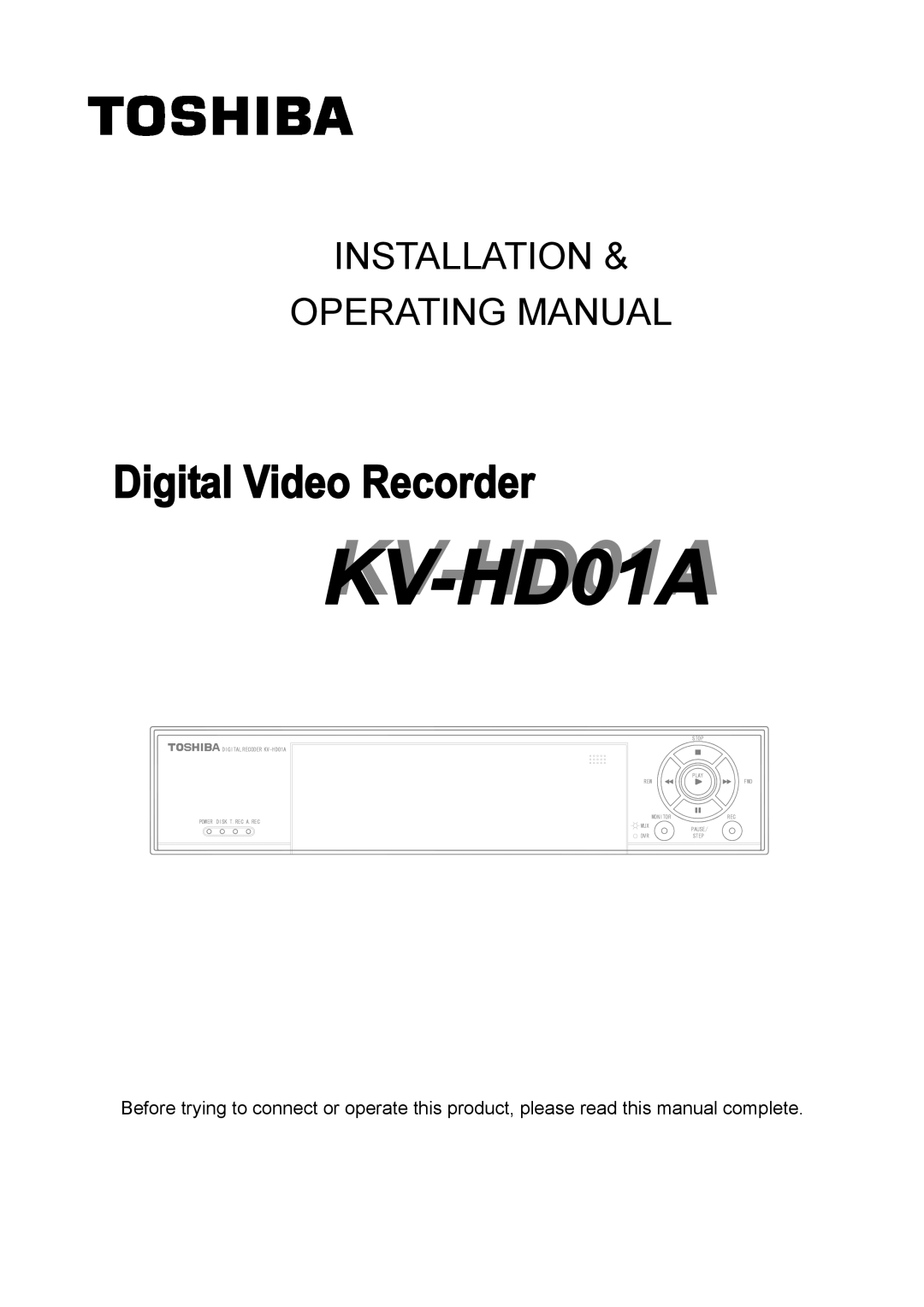 Toshiba KV-HD01A manual Installation Operating Manual 