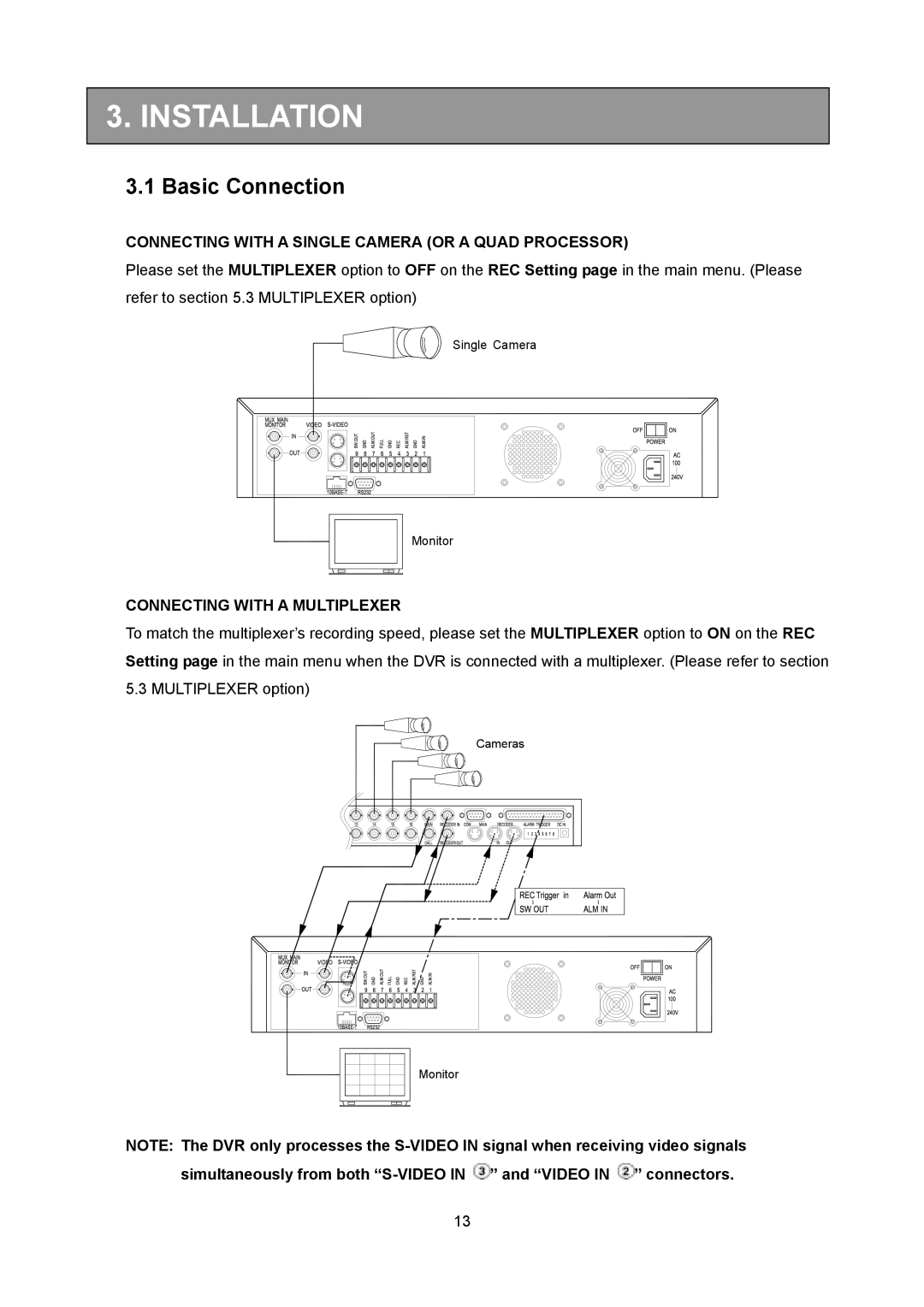 Toshiba KV-HD01A manual Installation, Basic Connection, Connecting with a Single Camera or a Quad Processor 