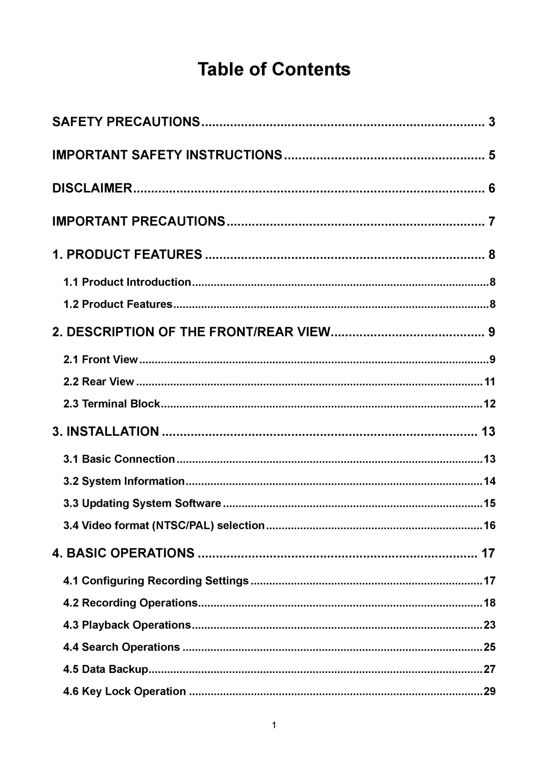 Toshiba KV-HD01A manual Table of Contents 