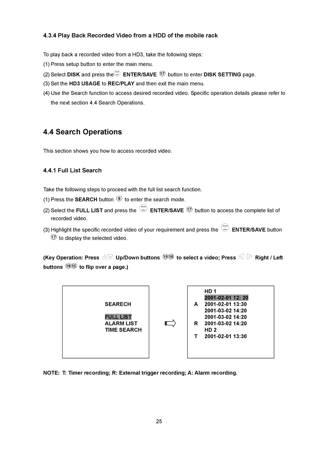 Toshiba KV-HD01A manual Search Operations, Play Back Recorded Video from a HDD of the mobile rack, Full List Search 