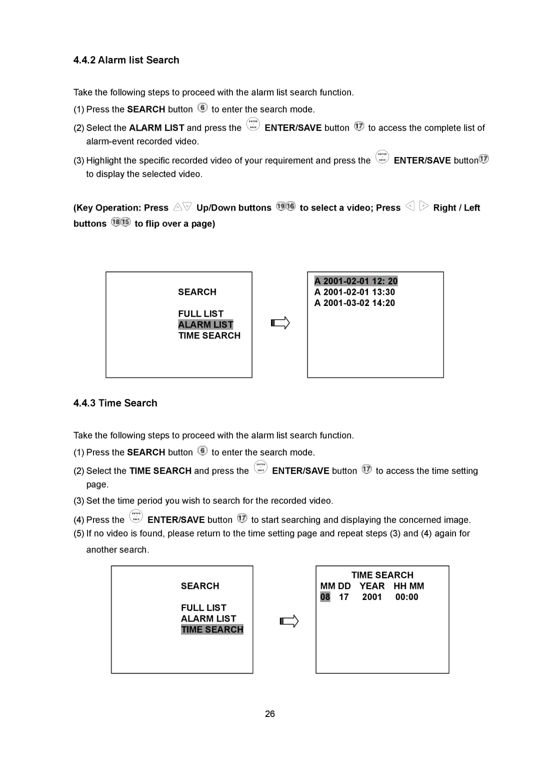 Toshiba KV-HD01A manual Alarm list Search, Search Full List Alarm List Time Search MM DD Year HH MM 