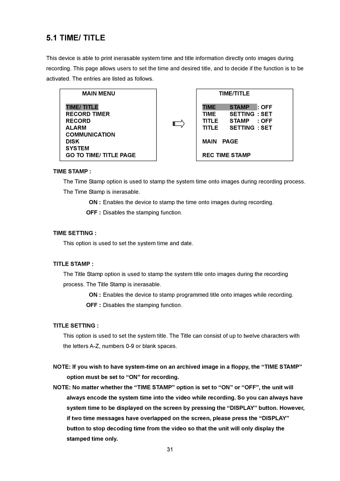 Toshiba KV-HD01A manual TIME/ Title, Time Setting, Title Stamp, Title Setting 