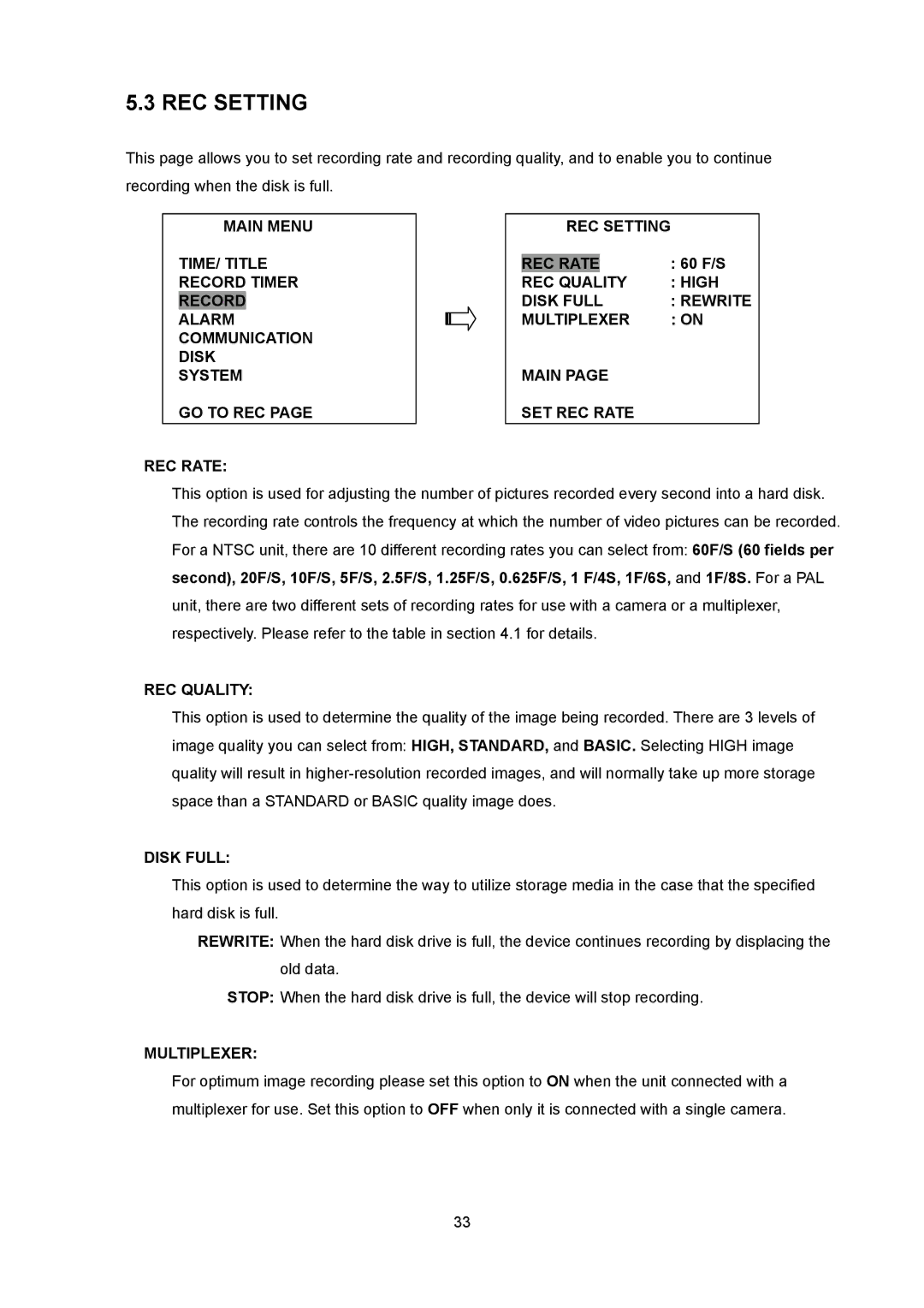 Toshiba KV-HD01A manual REC Setting, 60 F/S, REC Quality 