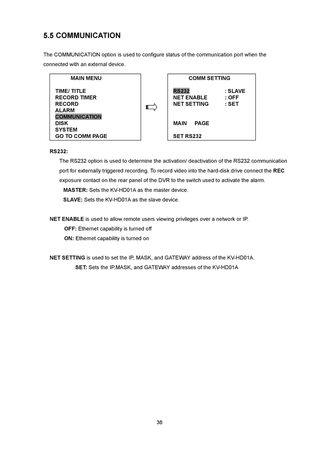 Toshiba KV-HD01A manual Communication, Comm Setting, Slave, NET Enable OFF NET Setting SET Main SET RS232 